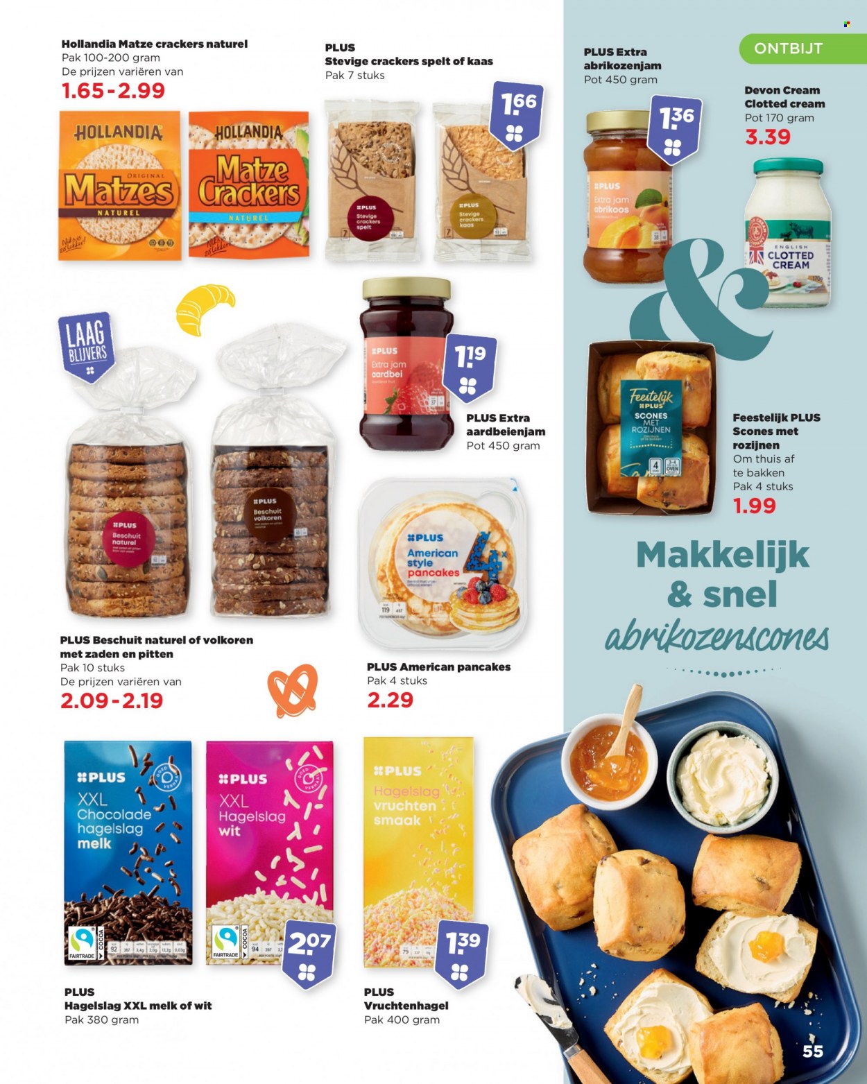thumbnail - Plus-aanbieding -  producten in de aanbieding - scones, kaas, chocolade, crackers, Spelt, aardbeienjam, rozijnen. Pagina 55.