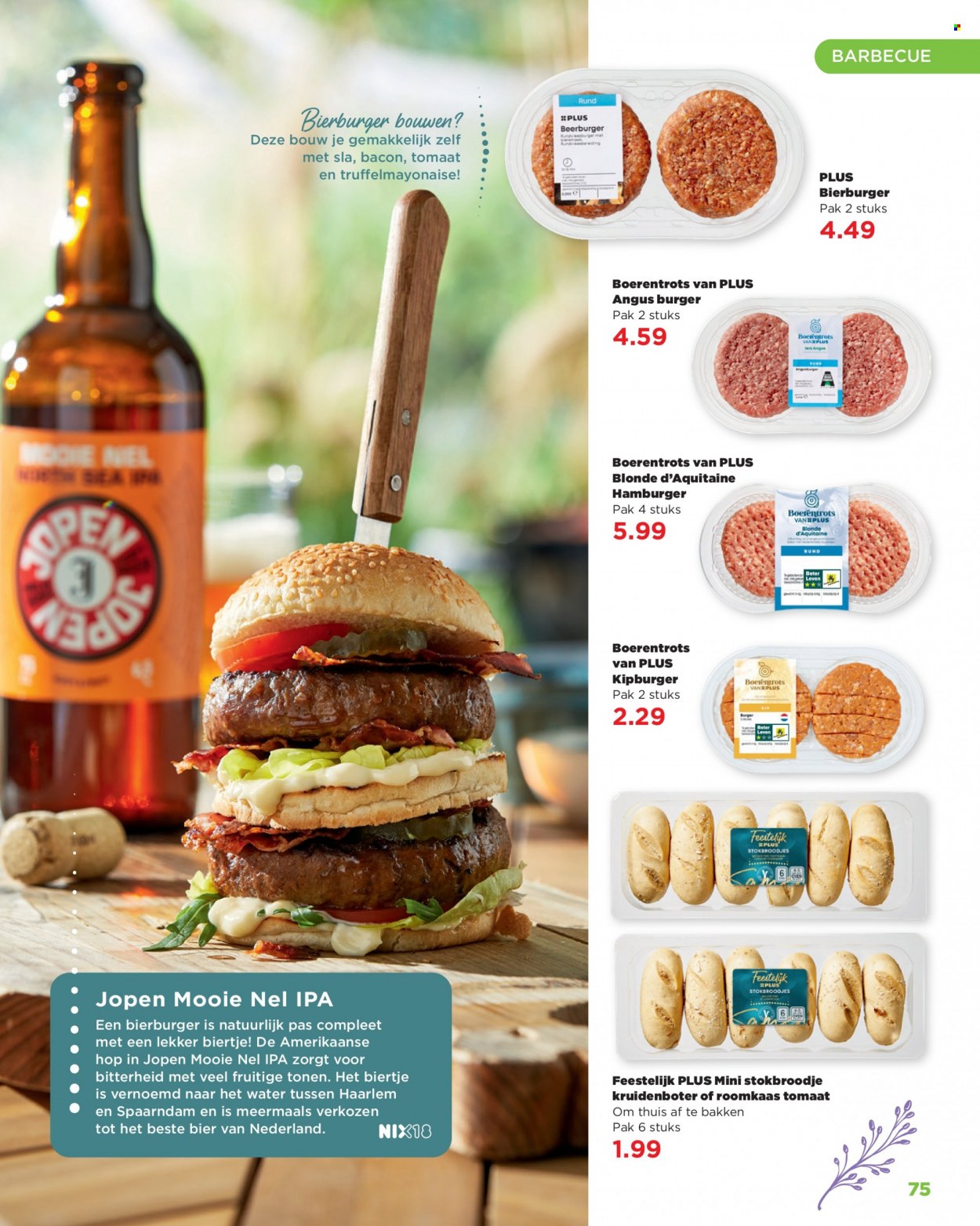 Plus-aanbieding -  producten in de aanbieding - bier, IPA, sla, hamburger, angusburgers, bacon, roomkaas, kruidenboter, BBQ. Pagina 75.