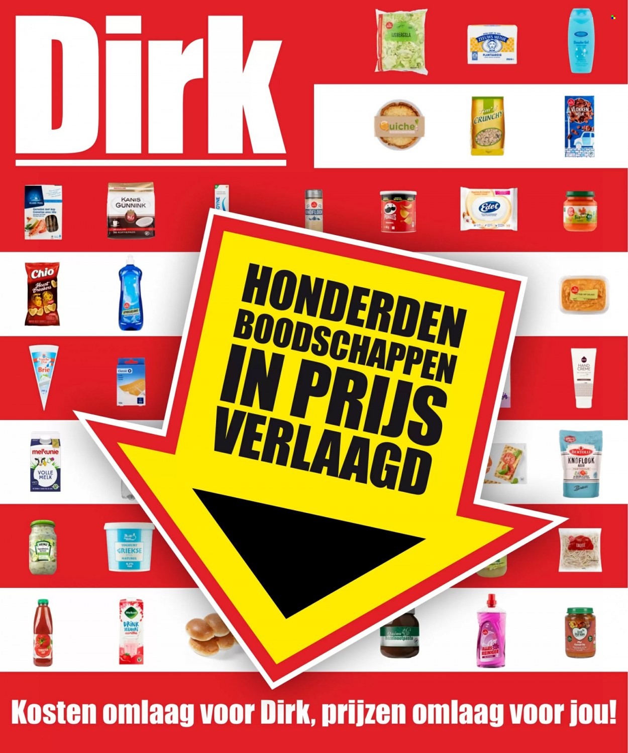 Dirk-aanbieding -  producten in de aanbieding - quiche, ijsbergsla, taugé, salade, Bertolli, crème, Brie, yoghurt, melk, volle melk, Pringles, Heinz, pastasaus. Pagina 1.