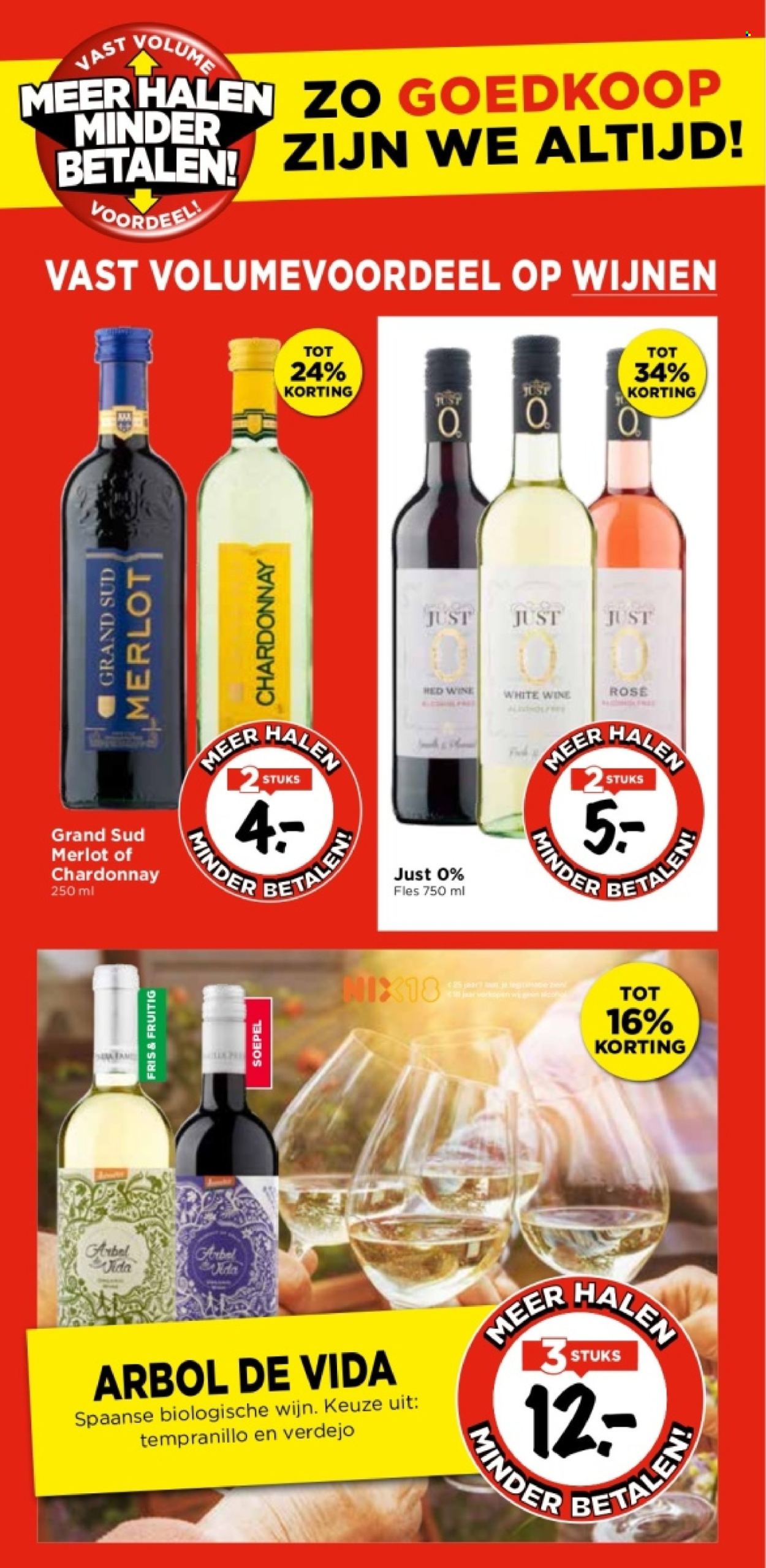 thumbnail - Vomar-aanbieding -  producten in de aanbieding - alcohol, Chardonnay, Merlot, rode wijn, witte wijn, wijn, fles. Pagina 13.