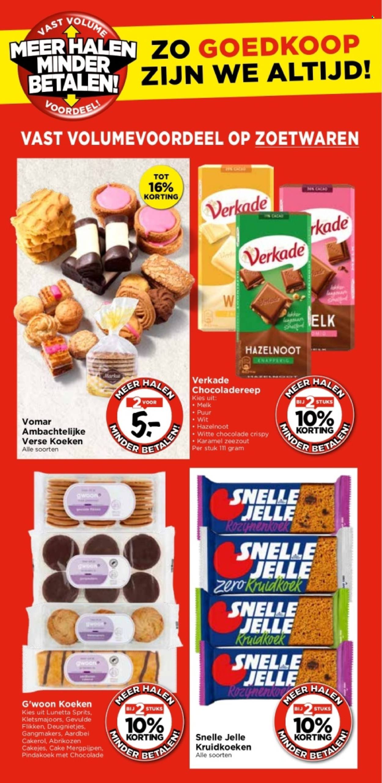 thumbnail - Vomar-aanbieding -  producten in de aanbieding - rol met vulling, taart, cakejes, abrikozen, witte chocolade, chocoladereep. Pagina 20.