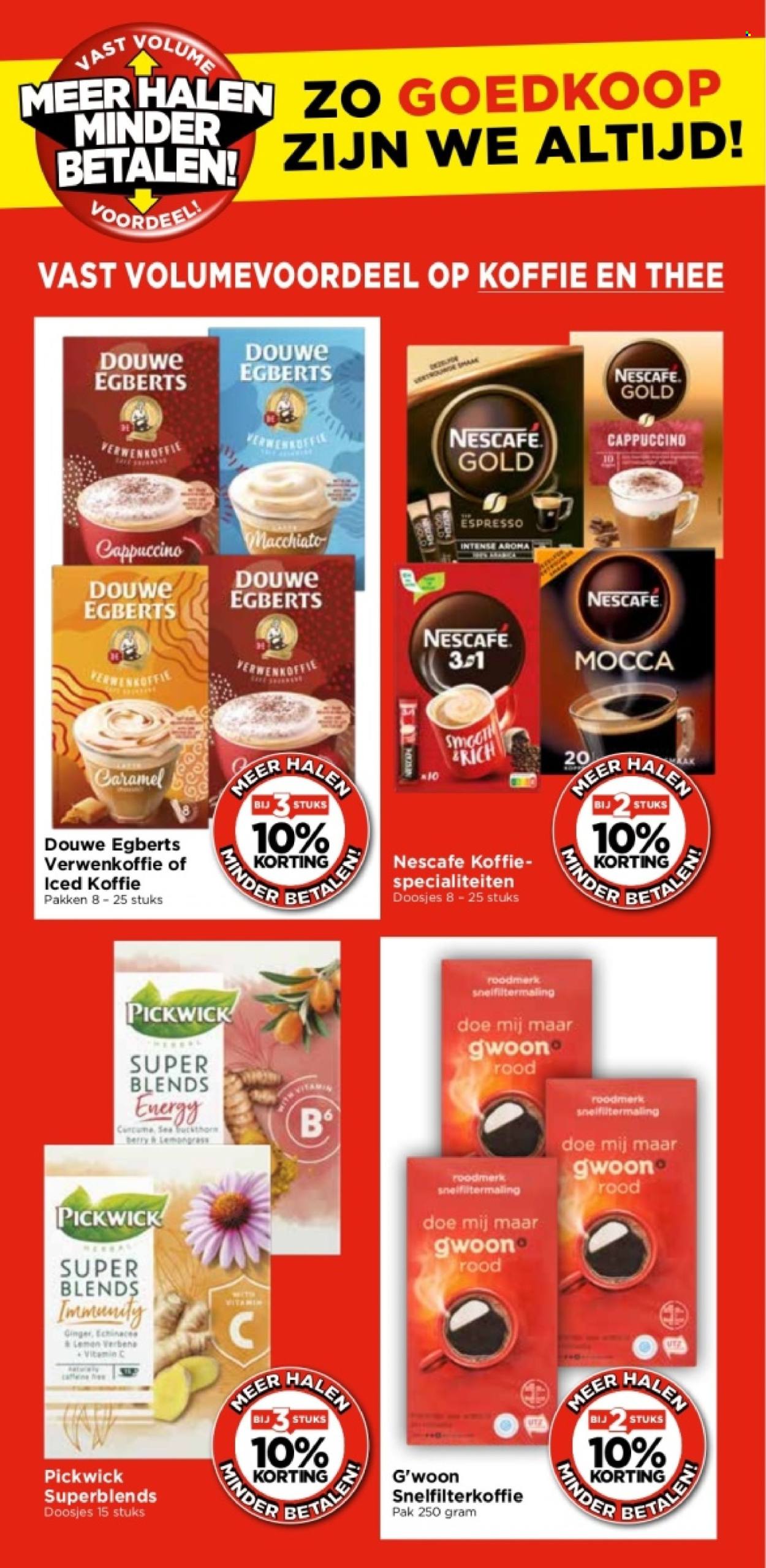 Vomar-aanbieding -  producten in de aanbieding - thee, Pickwick, Douwe Egberts, koffie, Espresso, Nescafé, cappuccino. Pagina 21.