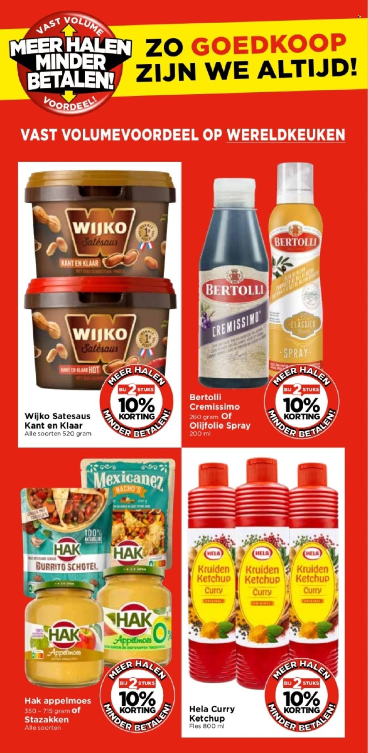 thumbnail - Vomar-aanbieding -  producten in de aanbieding - Bertolli, Wijko, kruiden, satésaus, olijfolie, appelmoes, fles. Pagina 29.
