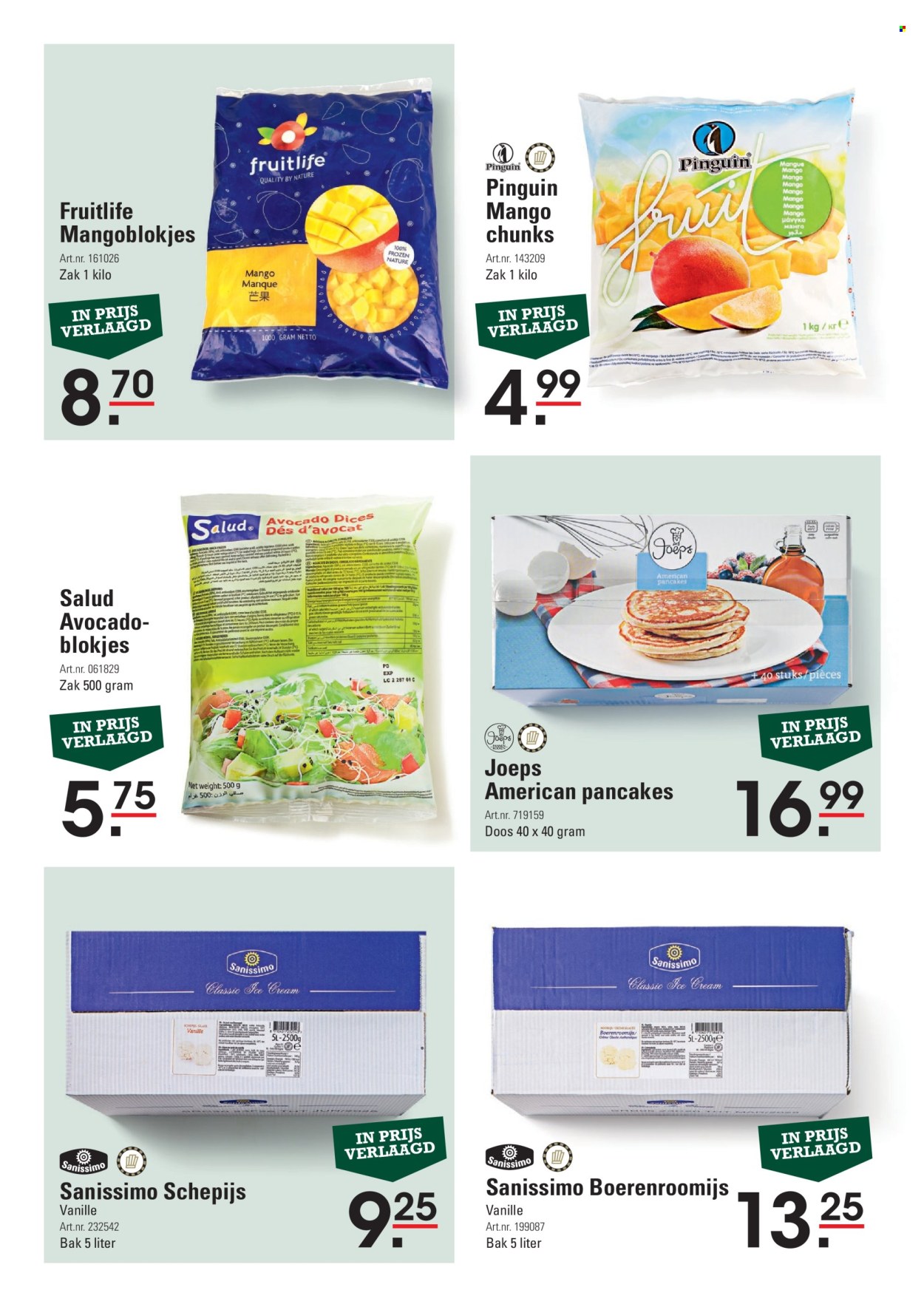 Sligro-aanbieding -  producten in de aanbieding - pannenkoeken, avocado, mango, Frozen, schepijs, boerenroomijs. Pagina 7.