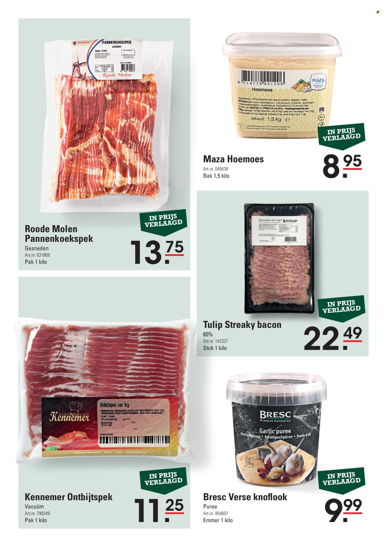 thumbnail - Sligro-aanbieding -  producten in de aanbieding - knoflook, bacon, ontbijtspek, hummus, pinda's, peulvruchten. Pagina 13.
