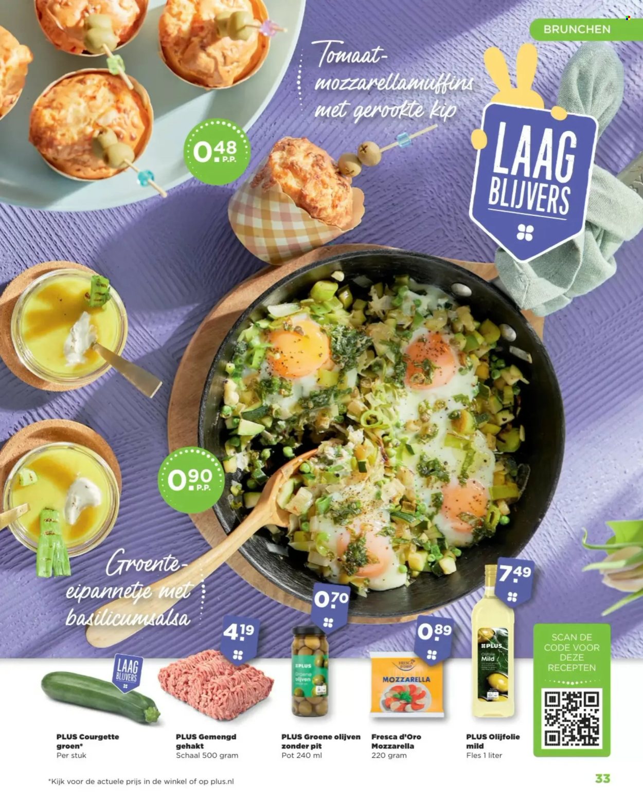 thumbnail - Plus-aanbieding -  producten in de aanbieding - courgette, kip, gehakt, groene olijven, mozzarella, olijven, olijfolie. Pagina 33.