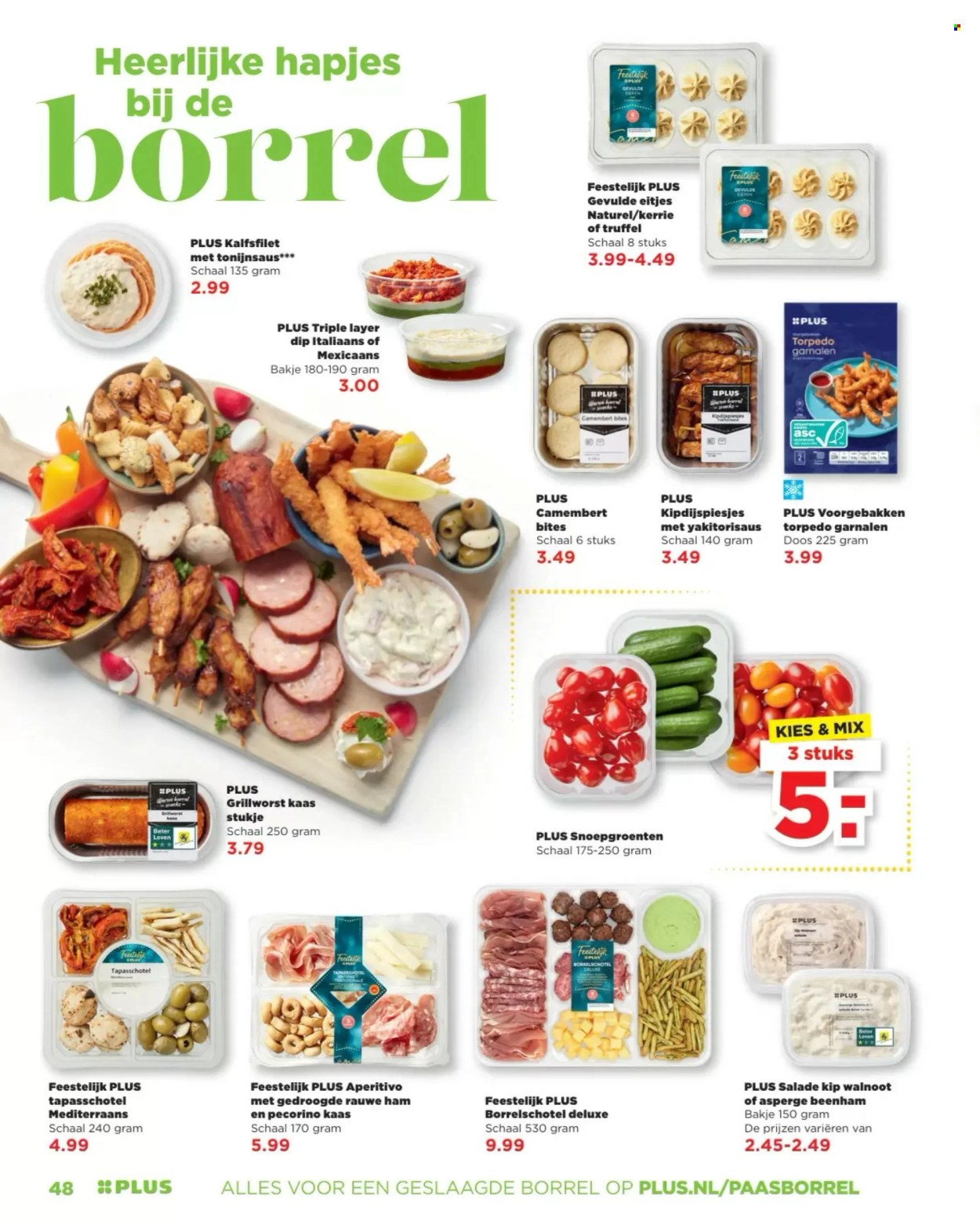 thumbnail - Plus-aanbieding -  producten in de aanbieding - truffel, salade, kip, tapas, beenham, ham, grillworst, borrelschotel, Camembert, kaas, Pecorino, dip. Pagina 48.
