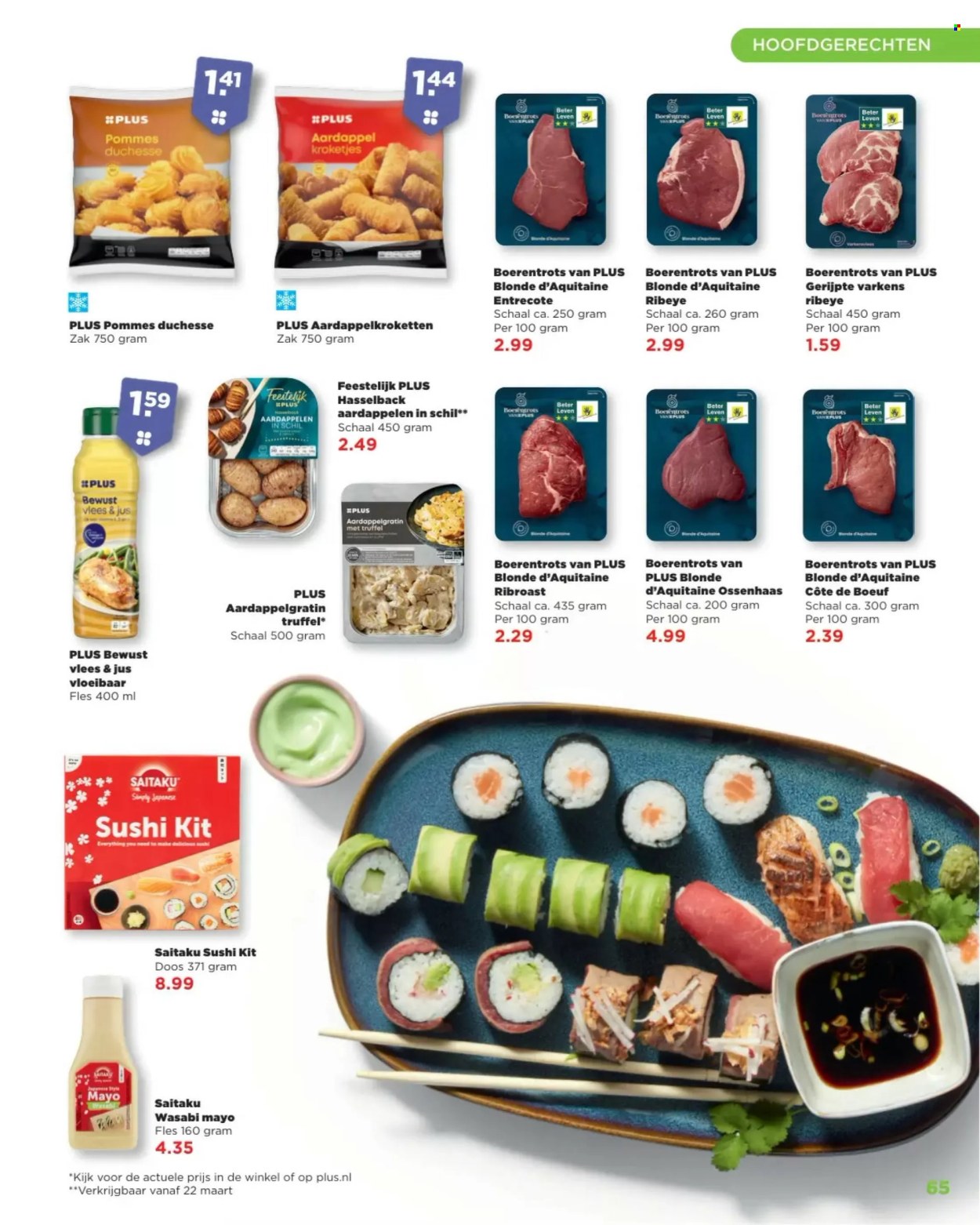 thumbnail - Plus-aanbieding -  producten in de aanbieding - ossenhaas, ribeye, runderriblappe, entrecote, rundvlees, aardappelgratin, sushi, aardappelmeringue, wasabi. Pagina 65.