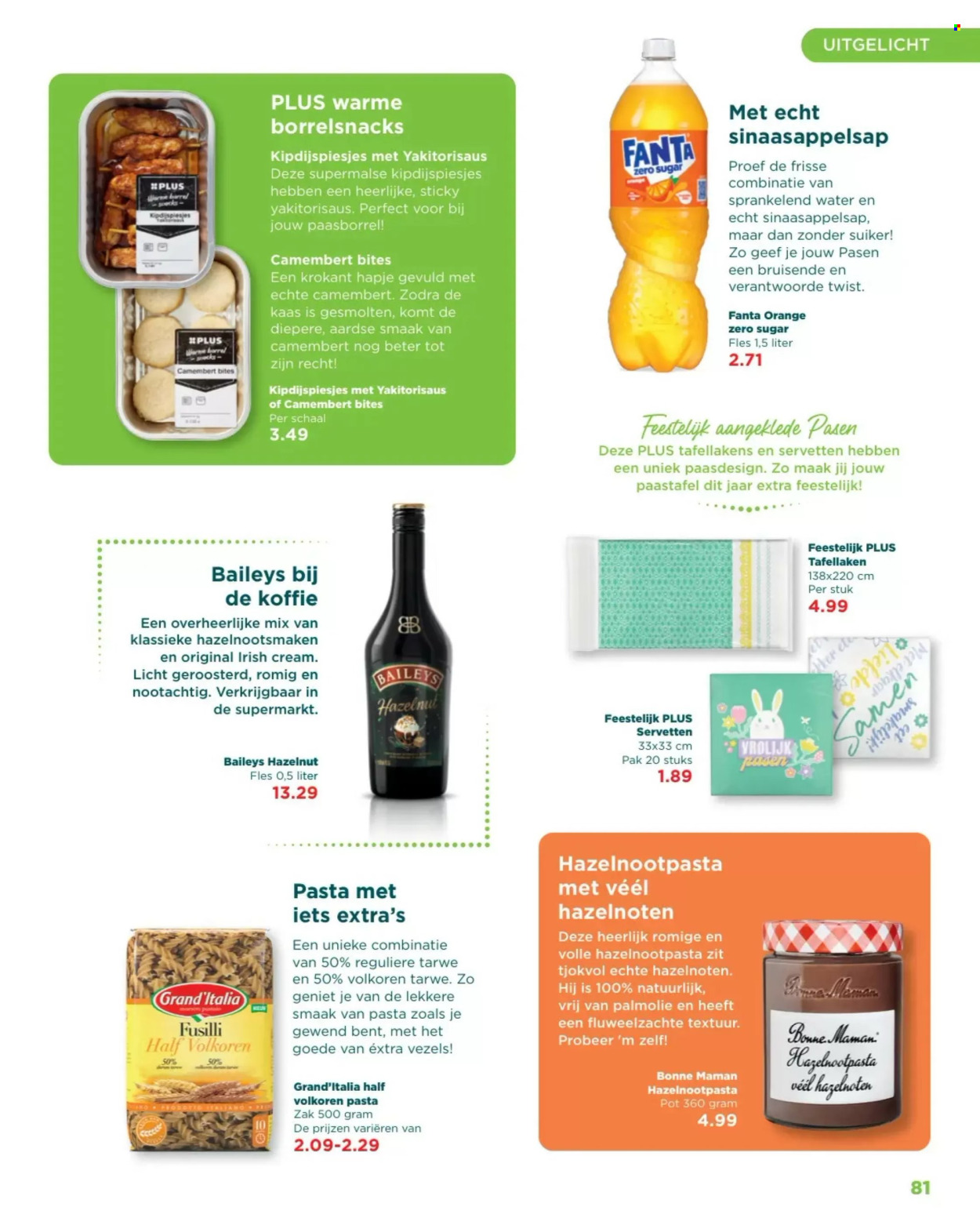 thumbnail - Plus-aanbieding -  producten in de aanbieding - alcohol, Camembert, kaas, suiker, fusilli, hazelnoot crème, hazelnoten, sinaasappelsap, Fanta, koffie, Baileys. Pagina 81.