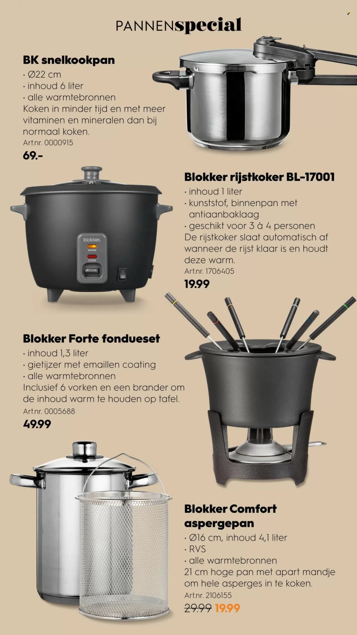 thumbnail - Blokker-aanbieding -  producten in de aanbieding - pan, snelkookpan, fondue, rijstkoker, tafel. Pagina 15.