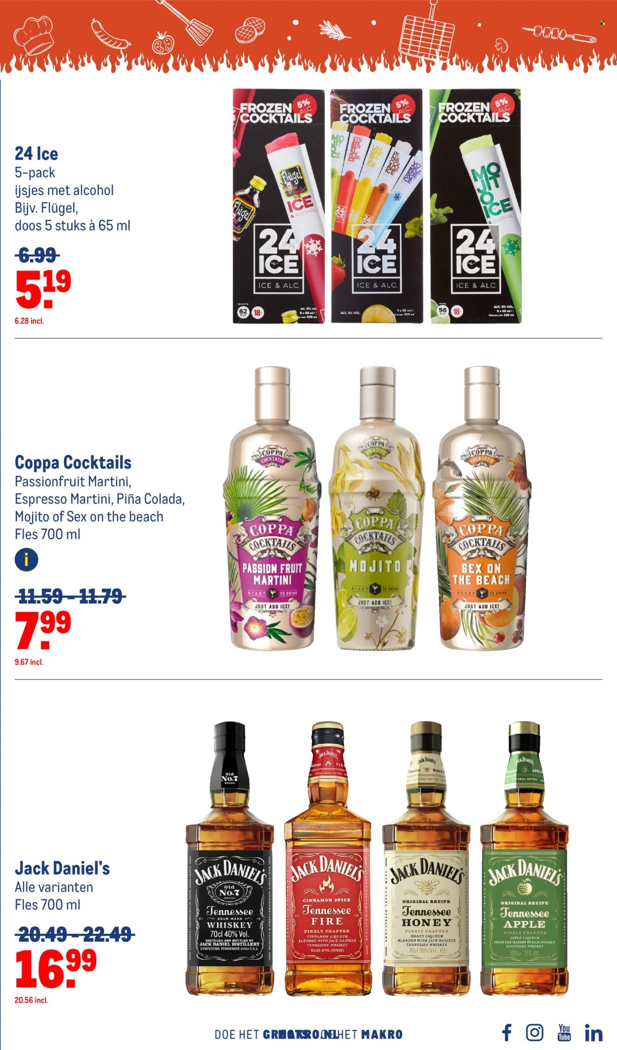 thumbnail - Makro-aanbieding - 10-4-2024 - 7-5-2024 -  producten in de aanbieding - alcohol, Jack Daniel's, liqueur, Tennessee Whiskey, whiskey, fles, jack. Pagina 53.
