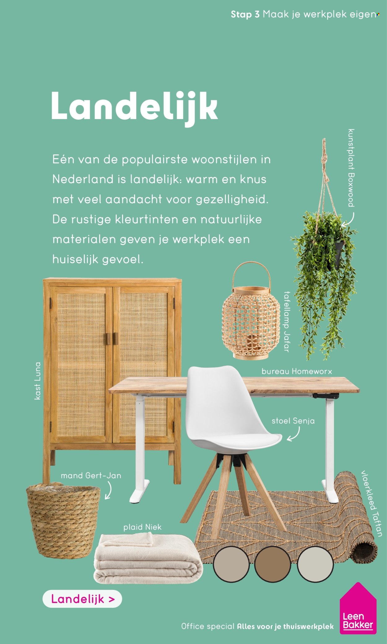 thumbnail - Leen Bakker-aanbieding -  producten in de aanbieding - mand, plaid, stoel, kast, bureau, lamp, vloerkleed, kunstplant. Pagina 25.