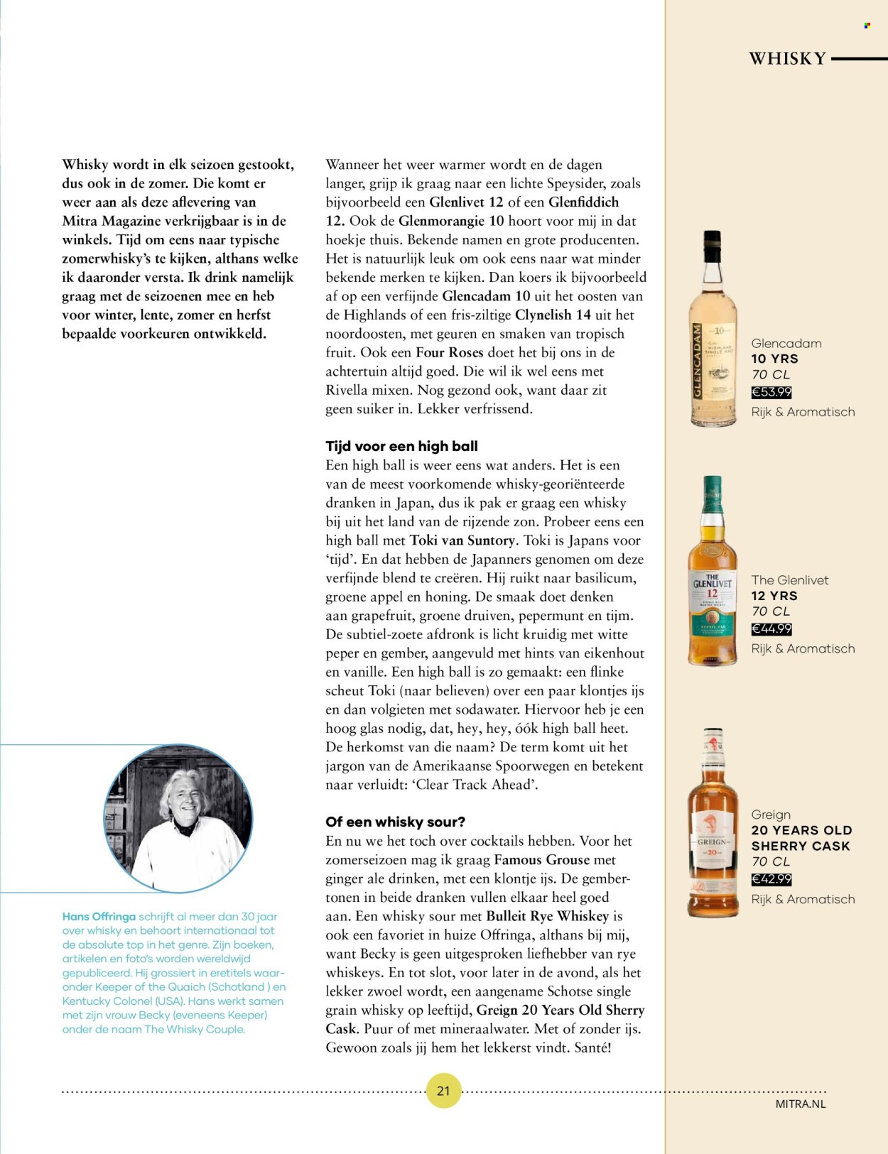 thumbnail - Mitra-aanbieding -  producten in de aanbieding - alcohol, ginger ale, mineraalwater, whiskey, Glenfiddich, The Glenlivet, glazen. Pagina 21.