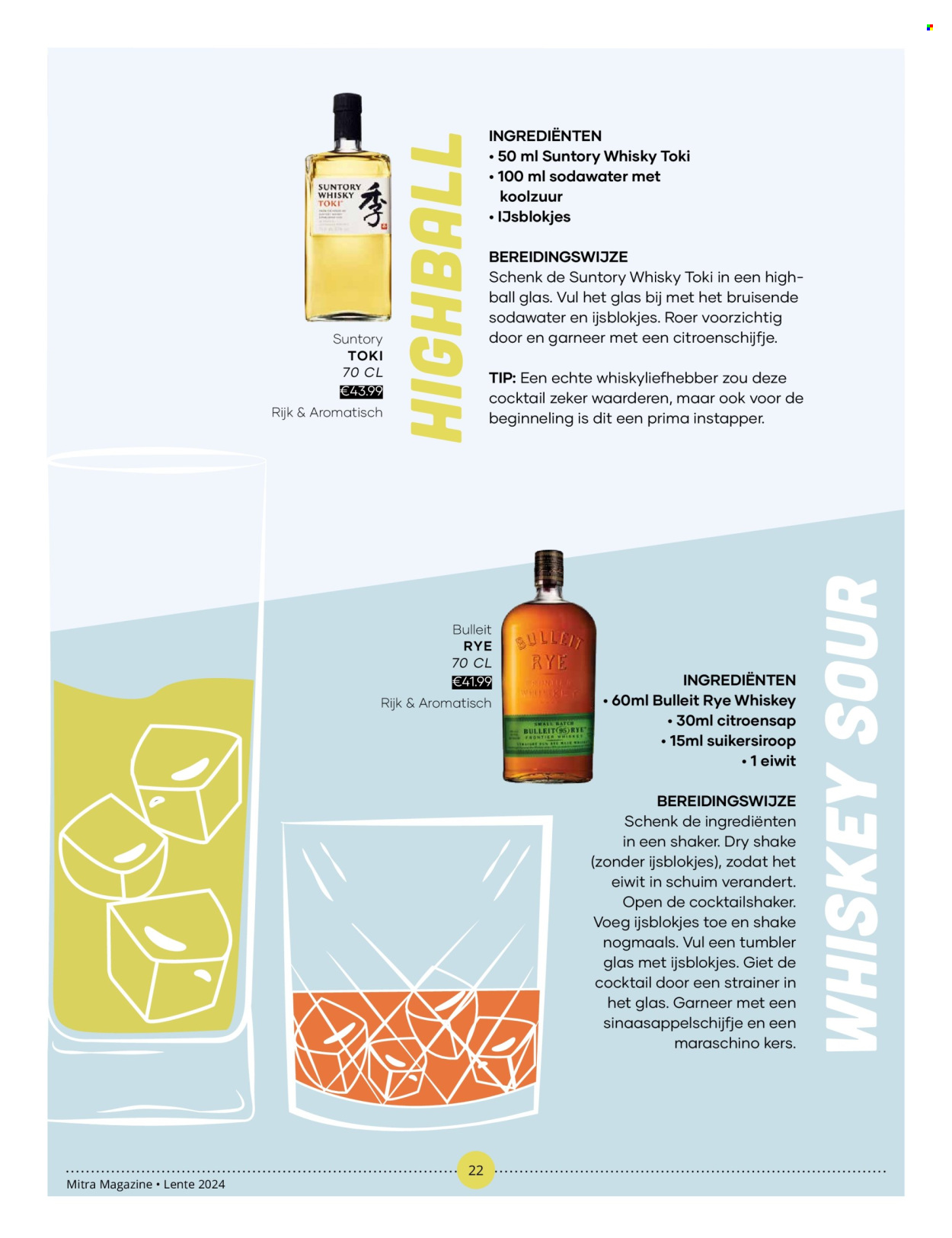 thumbnail - Mitra-aanbieding -  producten in de aanbieding - alcohol, citroensap, Maraschino, whiskey, whisky, glazen. Pagina 22.