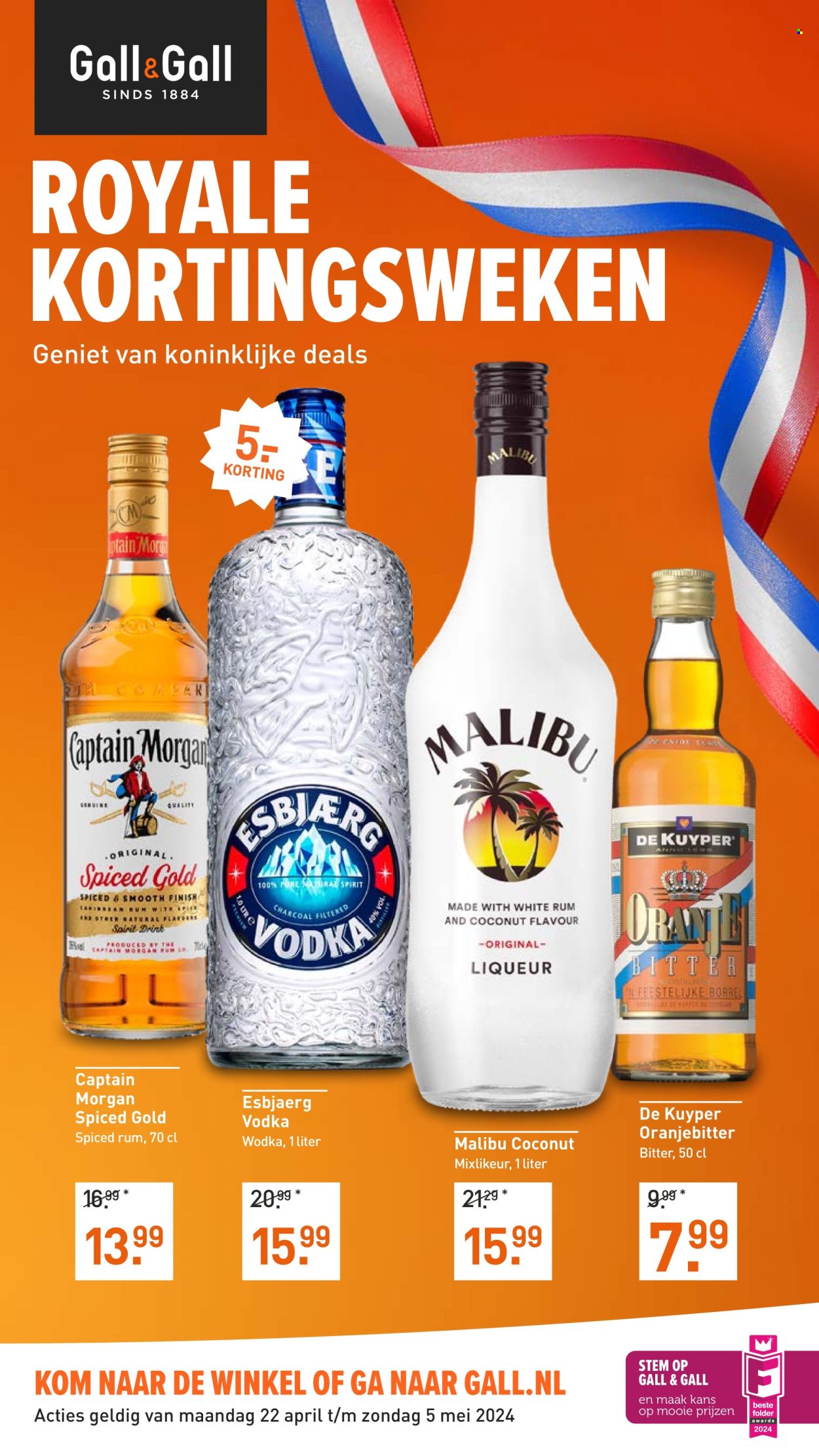 thumbnail - Gall & Gall-aanbieding - 22-4-2024 - 5-5-2024 -  producten in de aanbieding - alcohol, rum, Captain Morgan, liqueur, Malibu, Spiced rum, vodka. Pagina 1.