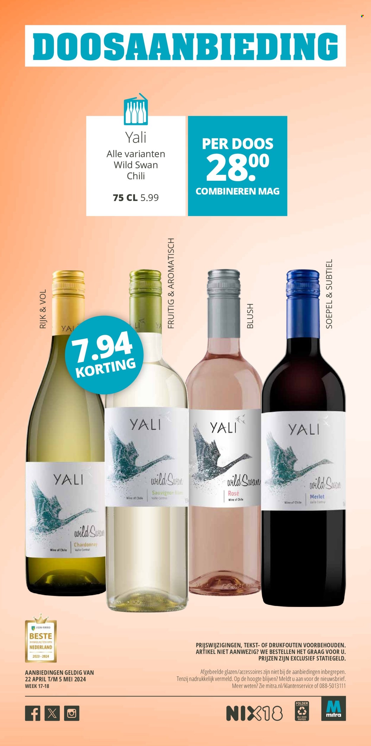 thumbnail - Mitra-aanbieding - 22-4-2024 - 5-5-2024 -  producten in de aanbieding - alcohol, Chardonnay, Merlot, rode wijn, witte wijn, wijn. Pagina 21.