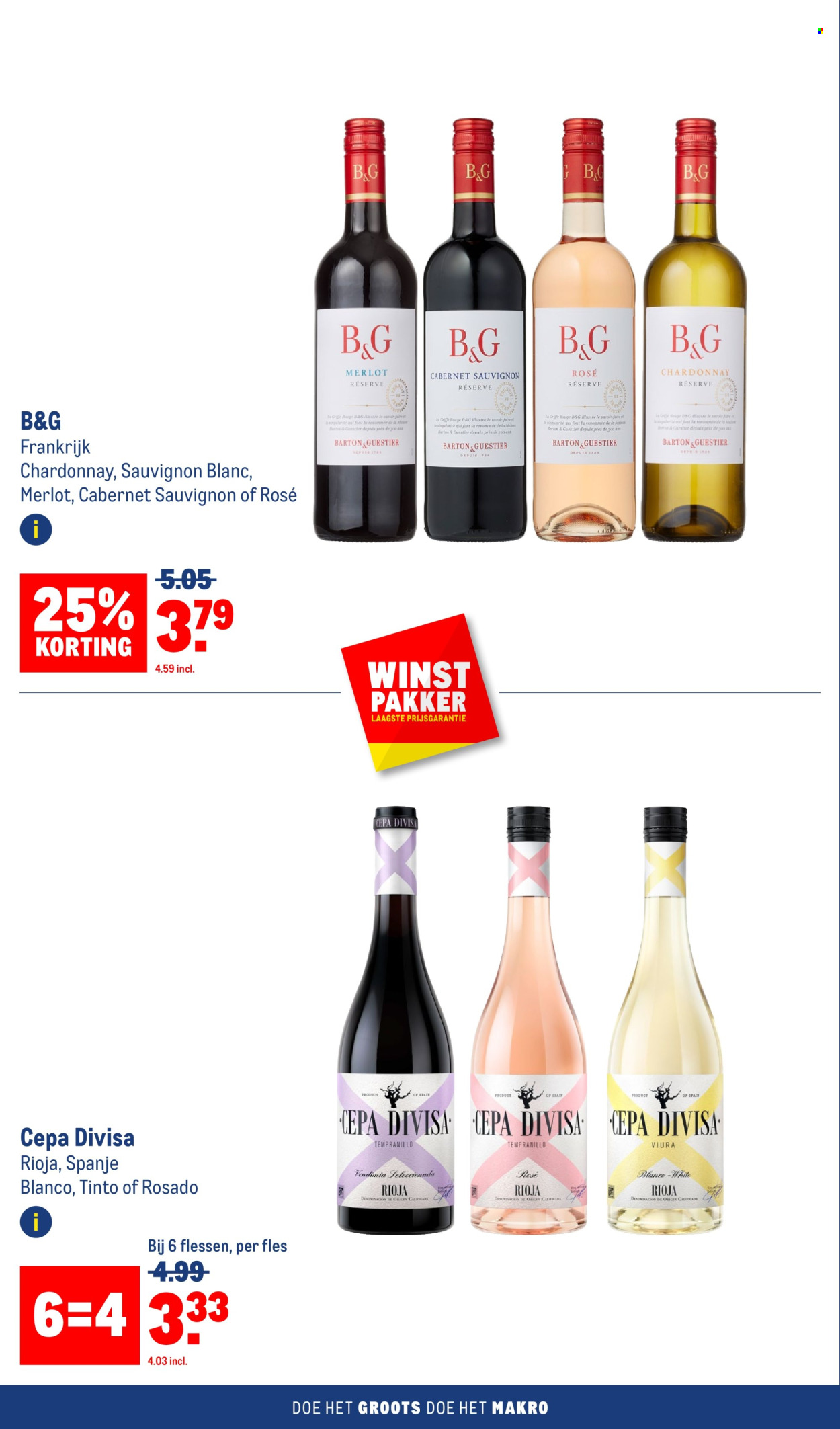 thumbnail - Makro-aanbieding - 24-4-2024 - 7-5-2024 -  producten in de aanbieding - alcohol, Cabernet Sauvignon, Chardonnay, Merlot, Rioja, rode wijn, Sauvignon Blanc, witte wijn, wijn, Frankrijk, fles. Pagina 16.