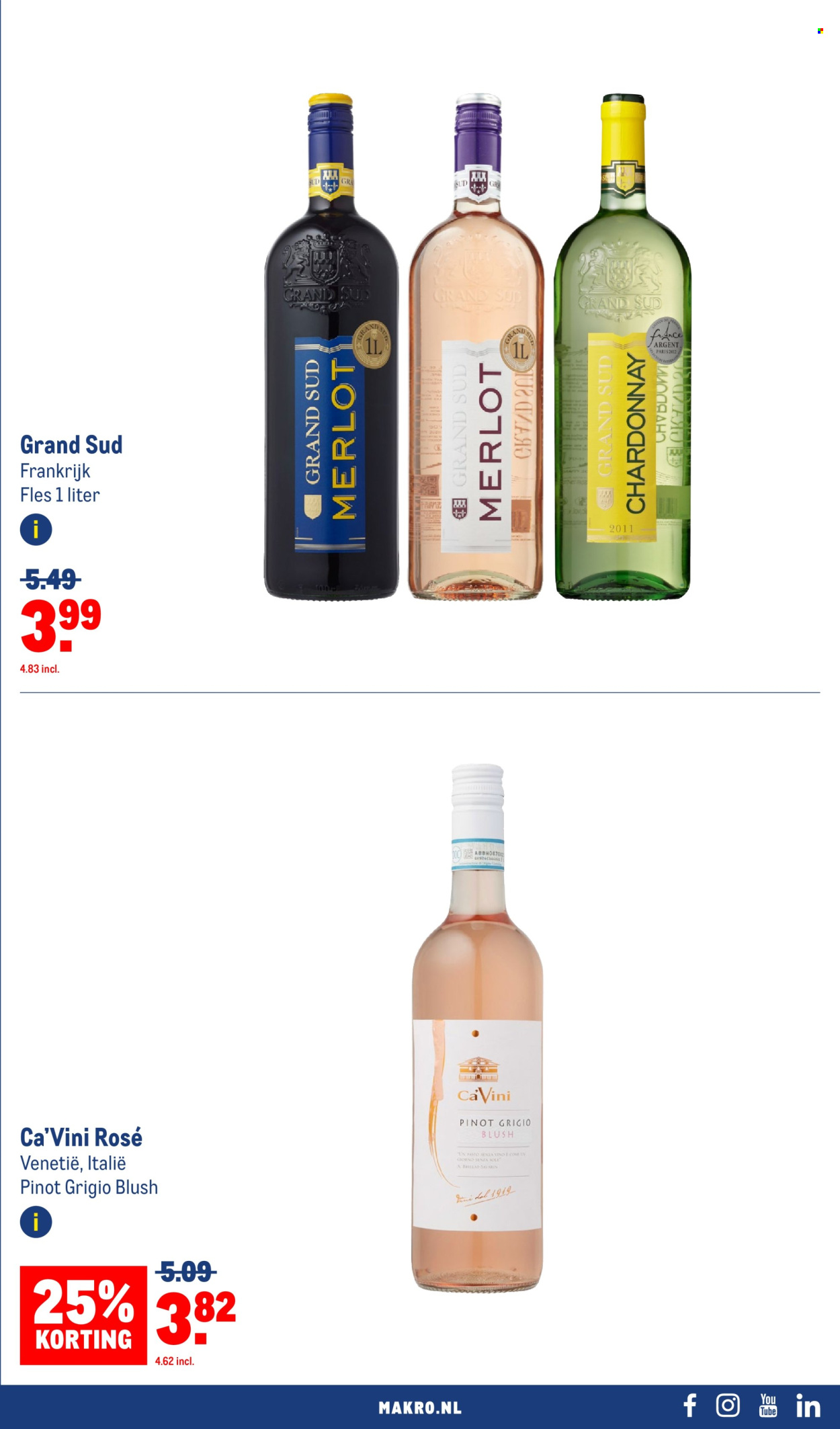 thumbnail - Makro-aanbieding - 24-4-2024 - 7-5-2024 -  producten in de aanbieding - alcohol, Chardonnay, Merlot, rode wijn, witte wijn, wijn, Frankrijk, Pinot Grigio, fles. Pagina 35.