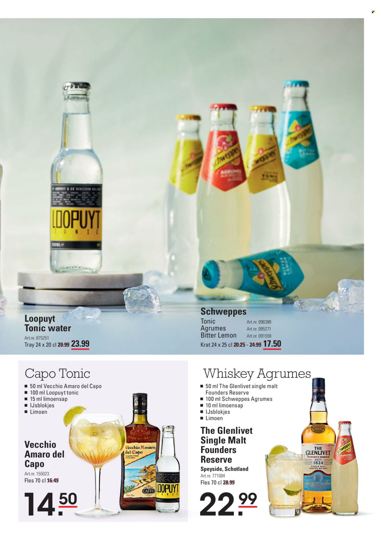 thumbnail - Sligro-aanbieding - 25-4-2024 - 13-5-2024 -  producten in de aanbieding - alcohol, limoen, ijsblokjes, Schweppes, tonic water, scotch whisky, Single Malt, whiskey, whisky, The Glenlivet, fles. Pagina 11.