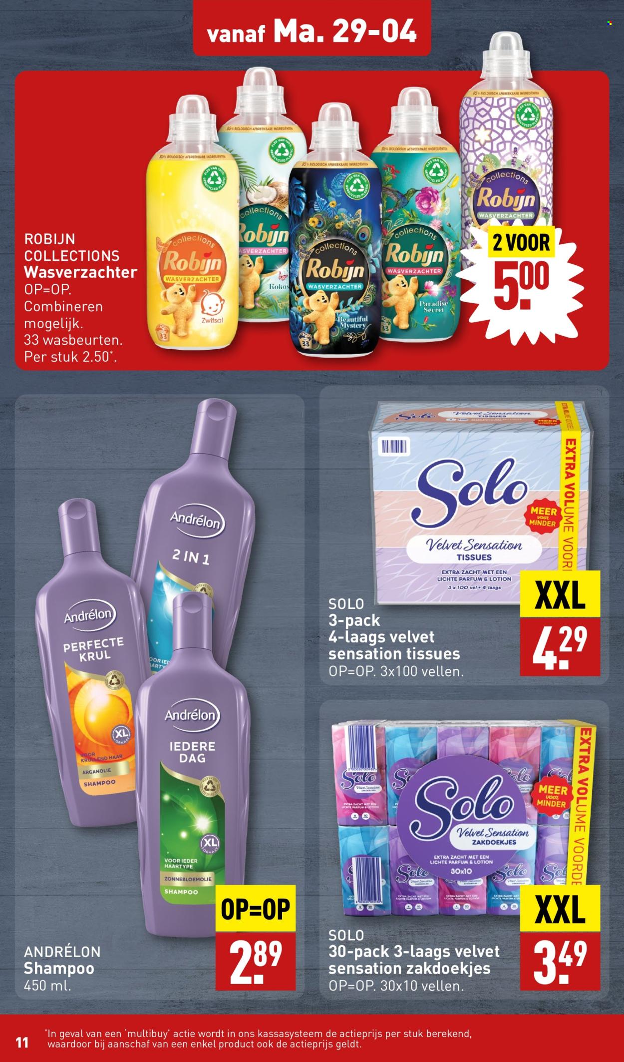 thumbnail - Aldi-aanbieding - 29-4-2024 - 5-5-2024 -  producten in de aanbieding - shampoo, Zwitsal, tissue, Robijn, wasverzachter, Andrélon, fles, poloshirt. Pagina 11.
