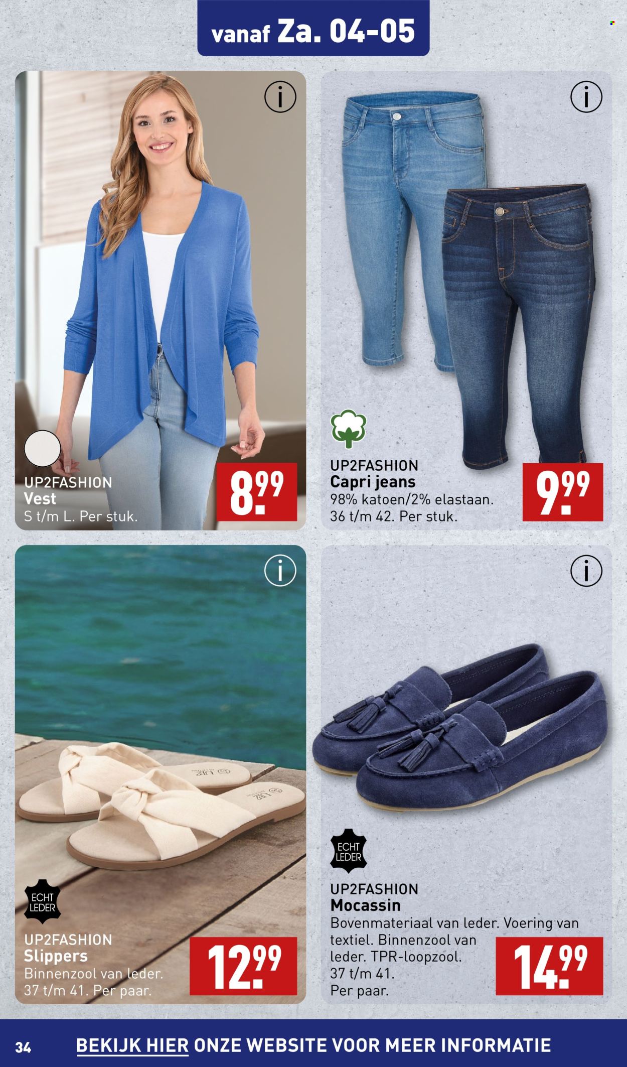 thumbnail - Aldi-aanbieding - 29-4-2024 - 5-5-2024 -  producten in de aanbieding - slippers, jeans, vest. Pagina 34.