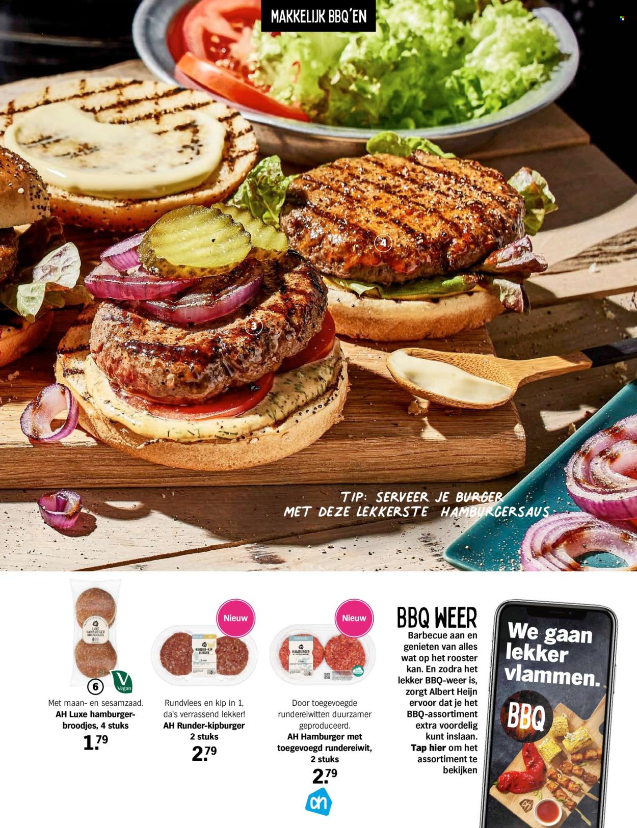 thumbnail - Albert Heijn-aanbieding -  producten in de aanbieding - broodje, kip, rundvlees, hamburger, hamburgersaus, BBQ. Pagina 5.