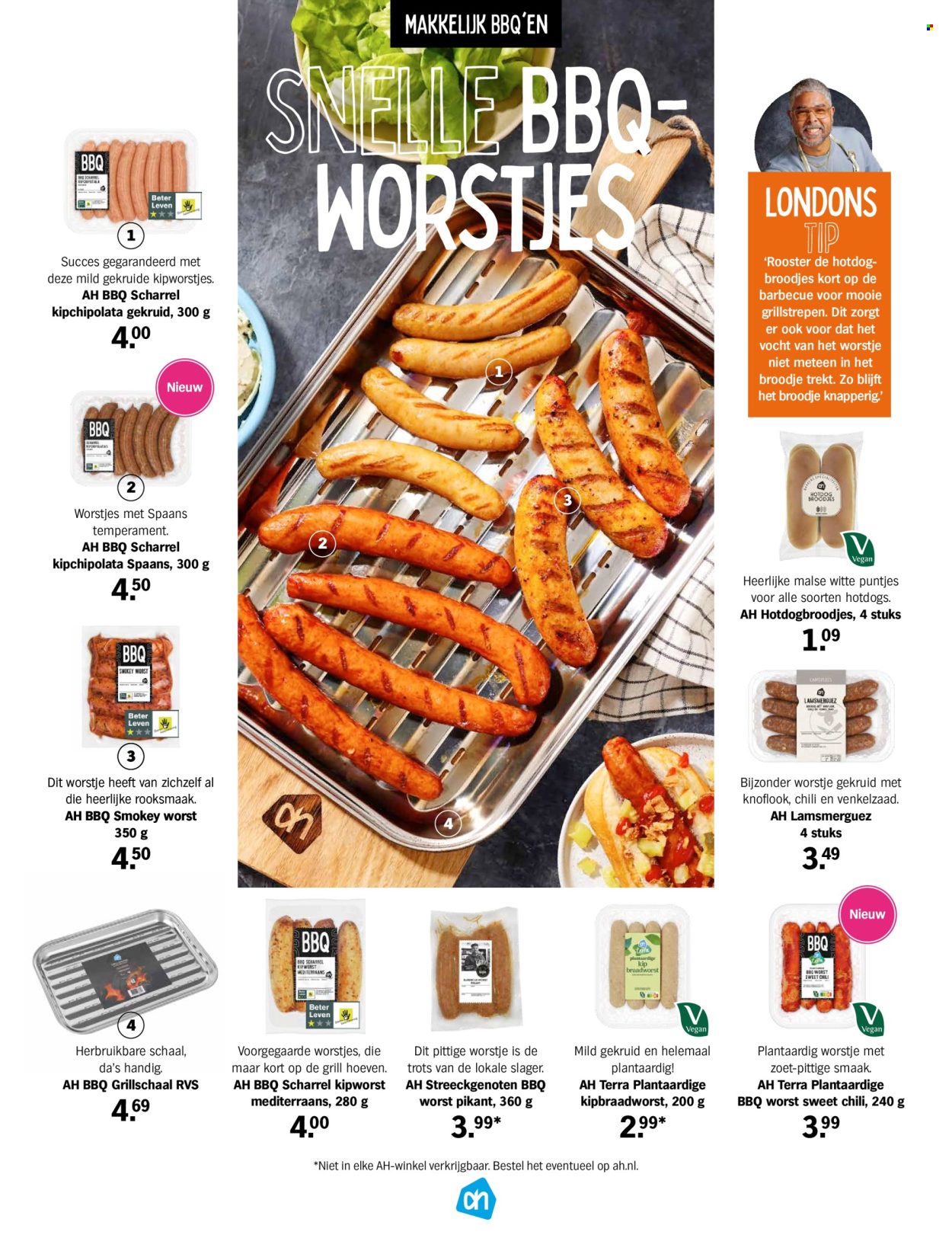 thumbnail - Albert Heijn-aanbieding -  producten in de aanbieding - broodje, hot dogs, worstjes, sweet chili sauce, BBQ, grill. Pagina 13.