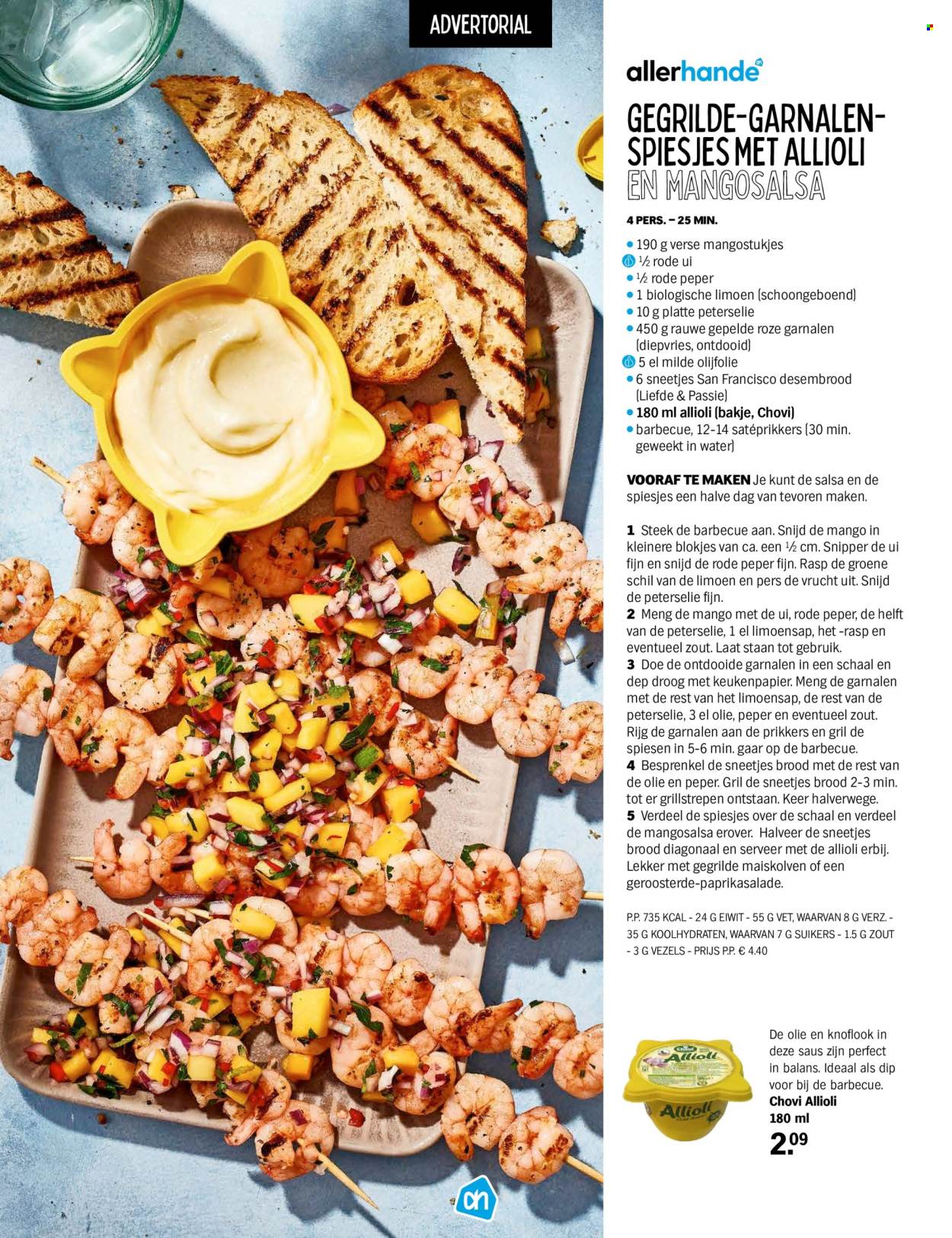 thumbnail - Albert Heijn-aanbieding -  producten in de aanbieding - brood, platte peterselie, maiskolven, rode ui, limoen, mango, garnalen, Aïoli, BBQ, dip. Pagina 24.