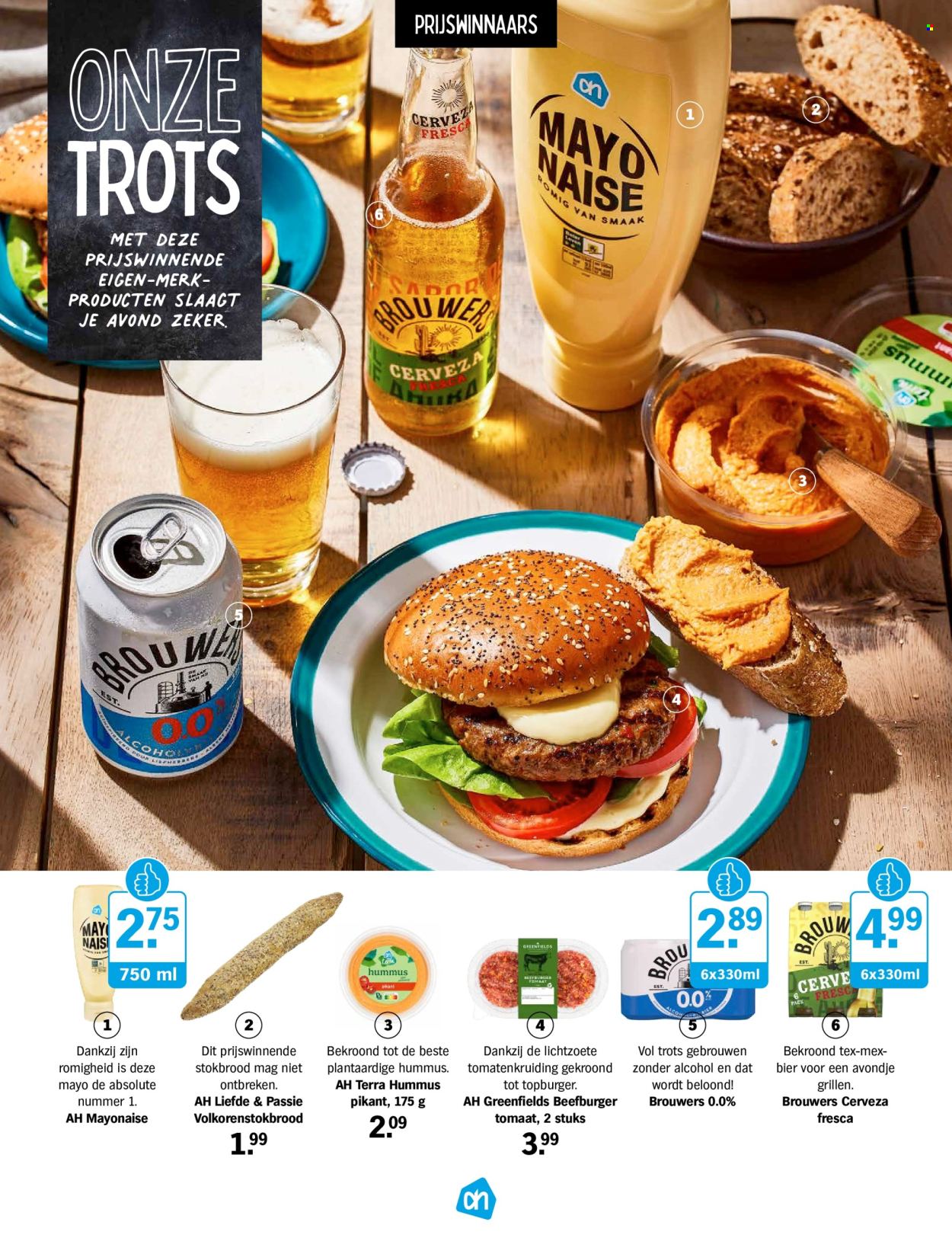 thumbnail - Albert Heijn-aanbieding -  producten in de aanbieding - bier, alcohol, stokbrood, hummus, mayonaise. Pagina 25.