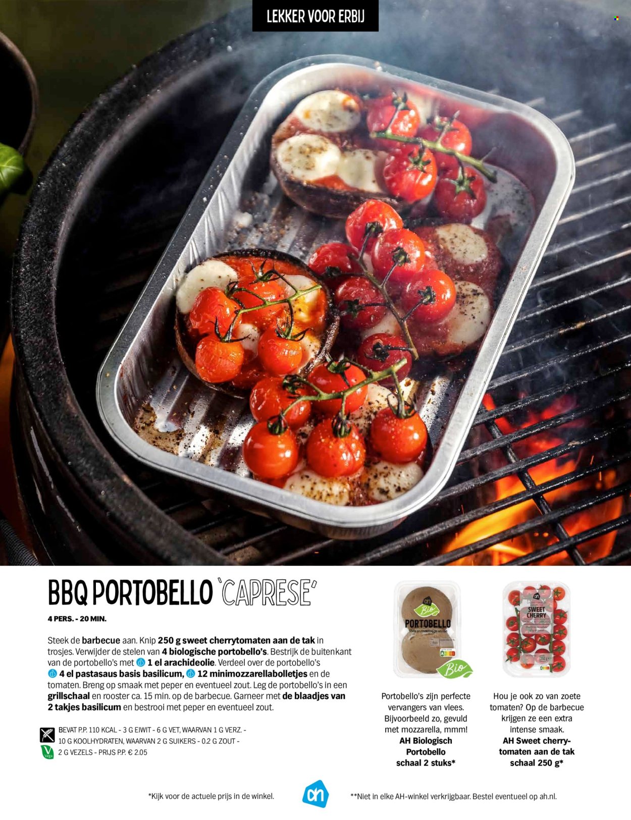 thumbnail - Albert Heijn-aanbieding -  producten in de aanbieding - portobello, cherrytomaten, tomaten, basilicum, BBQ, pastasaus, arachideolie. Pagina 31.