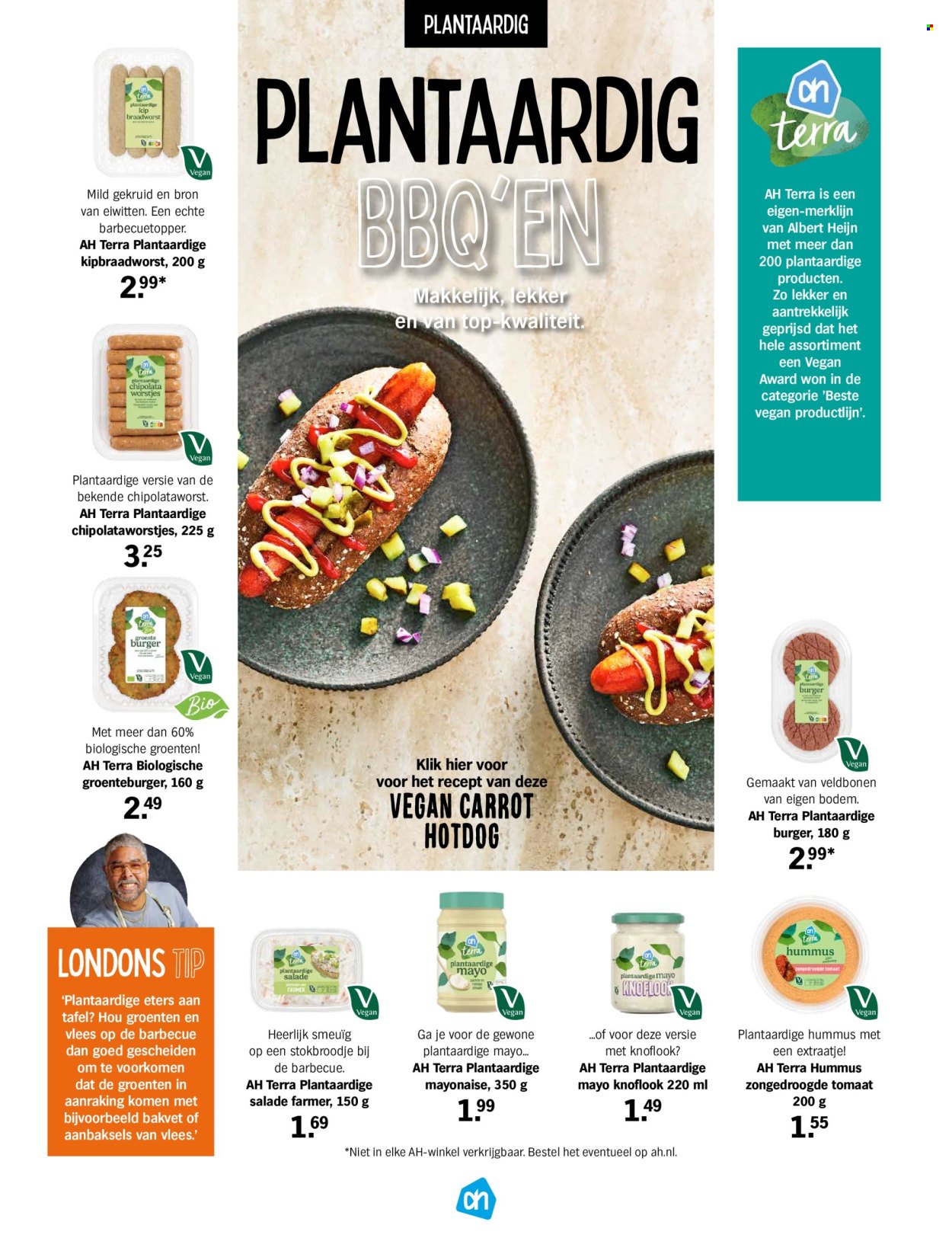 thumbnail - Albert Heijn-aanbieding -  producten in de aanbieding - salade, chipolataworstjes, worstjes, hummus, mayonaise, zongedroogde tomaat, BBQ, top. Pagina 35.