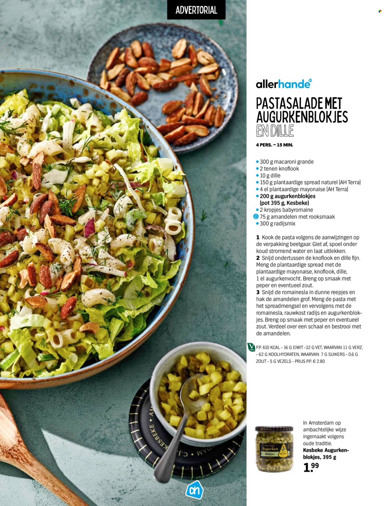 thumbnail - Albert Heijn-aanbieding -  producten in de aanbieding - radijs, kant en klaar maaltijden, pastasalade, mayonaise, macaroni, pasta, dille, amandelen. Pagina 37.