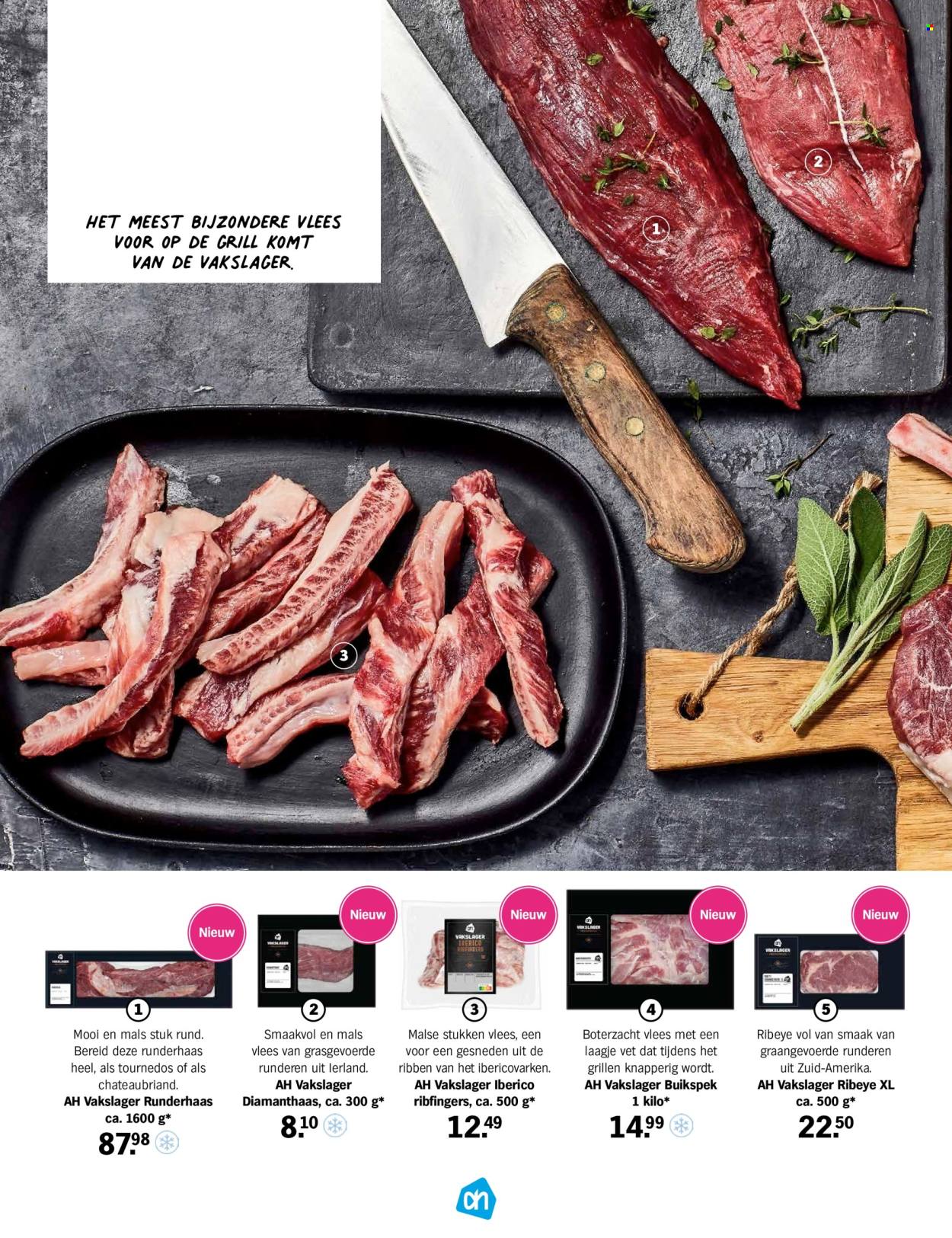 thumbnail - Albert Heijn-aanbieding -  producten in de aanbieding - ribeye, tournedos, rundvlees, spek, grill. Pagina 56.
