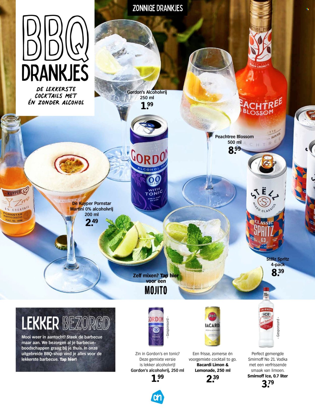 thumbnail - Albert Heijn-aanbieding -  producten in de aanbieding - alcohol, limoen, BBQ, Martini, Bacardi, Smirnoff, vodka, Gordon’s Gin. Pagina 73.