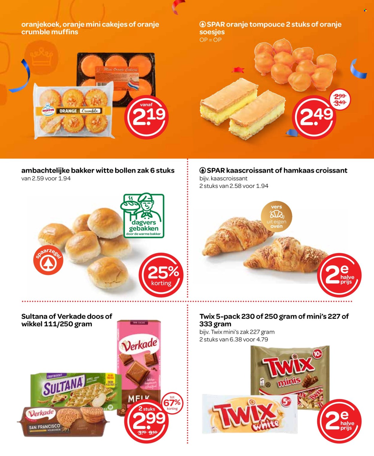 thumbnail - SPAR-aanbieding - 25-4-2024 - 8-5-2024 -  producten in de aanbieding - witte bollen, croissant, muffins, cakejes, oranje, chocoladereep, Twix. Pagina 5.