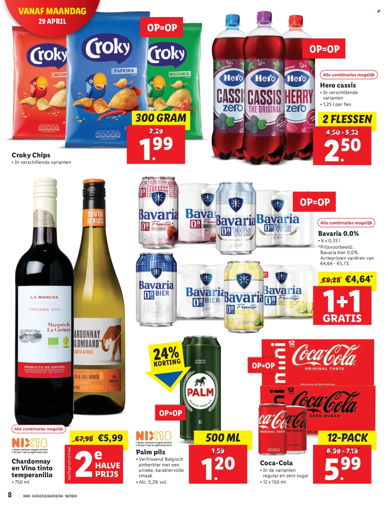 thumbnail - Lidl-aanbieding - 29-4-2024 - 5-5-2024 -  producten in de aanbieding - Bavaria, bier, Palm, alcohol, paprika, chips, Coca-Cola, limonade, Chardonnay, witte wijn, wijn, fles. Pagina 8.