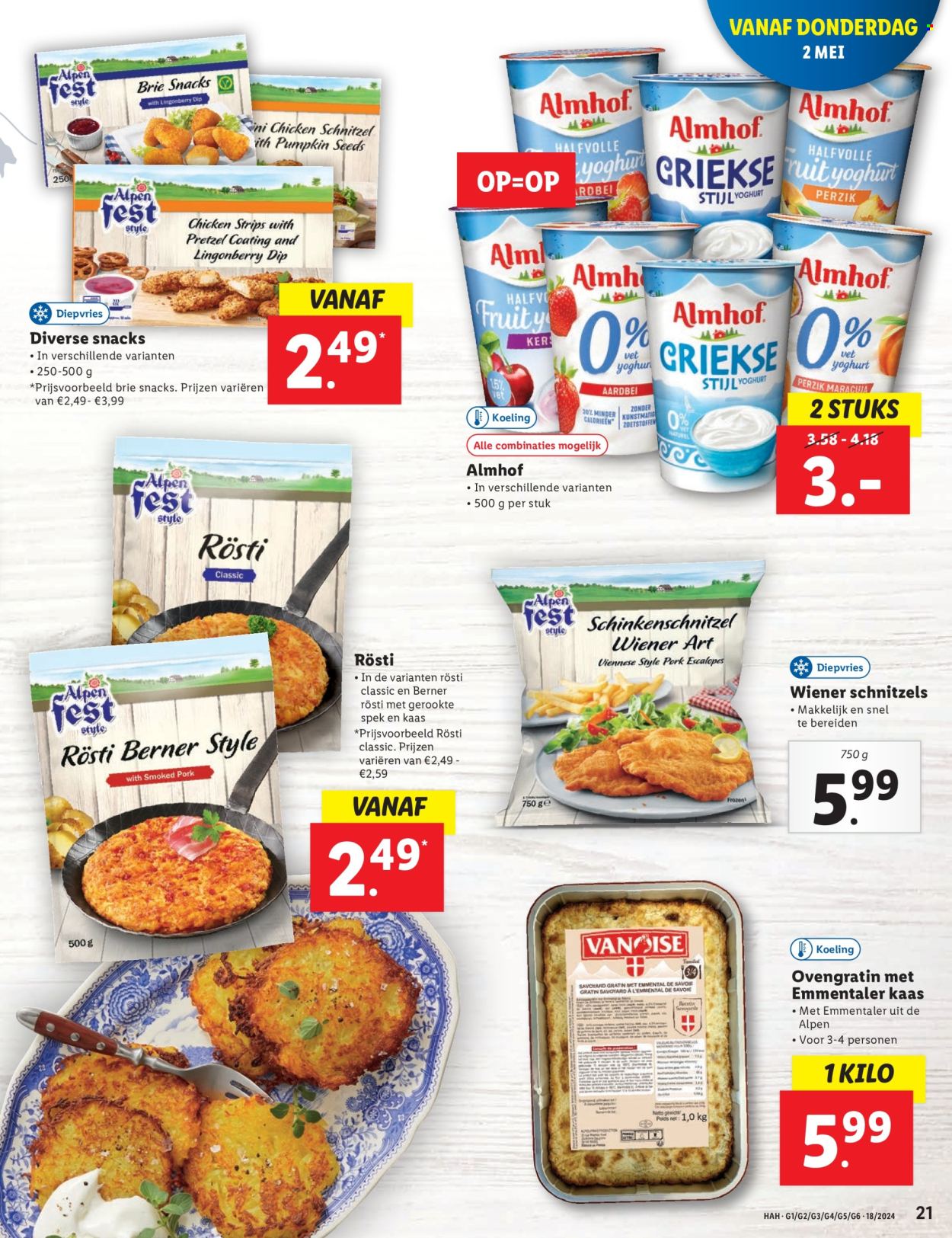 thumbnail - Lidl-aanbieding - 29-4-2024 - 5-5-2024 -  producten in de aanbieding - Frozen, rösti, spek, Emmental, Brie, Almhof, yoghurt, dip. Pagina 15.