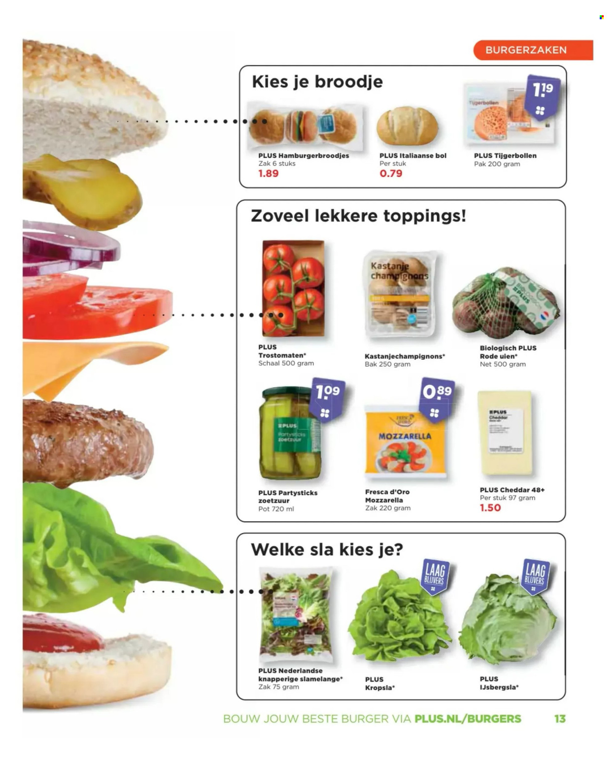 thumbnail - Plus-aanbieding -  producten in de aanbieding - kastanjechampignons, champignons, hamburgerbroodjes, broodje, sla, slamelange, tomaten, trostomaat, Cheddar, kaas, mozzarella. Pagina 13.