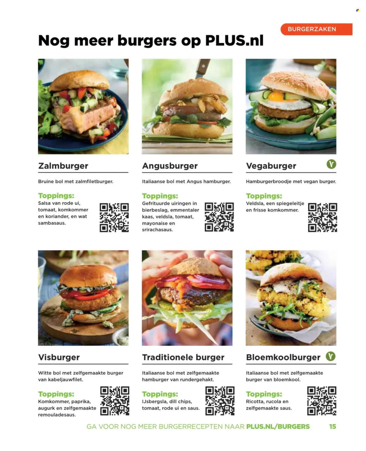 thumbnail - Plus-aanbieding -  producten in de aanbieding - ijsbergsla, veldsla, paprika, rundergehakt, hamburger, angusburgers, kabeljauwfilet, kaas, ricotta, mayonaise, koriander. Pagina 15.