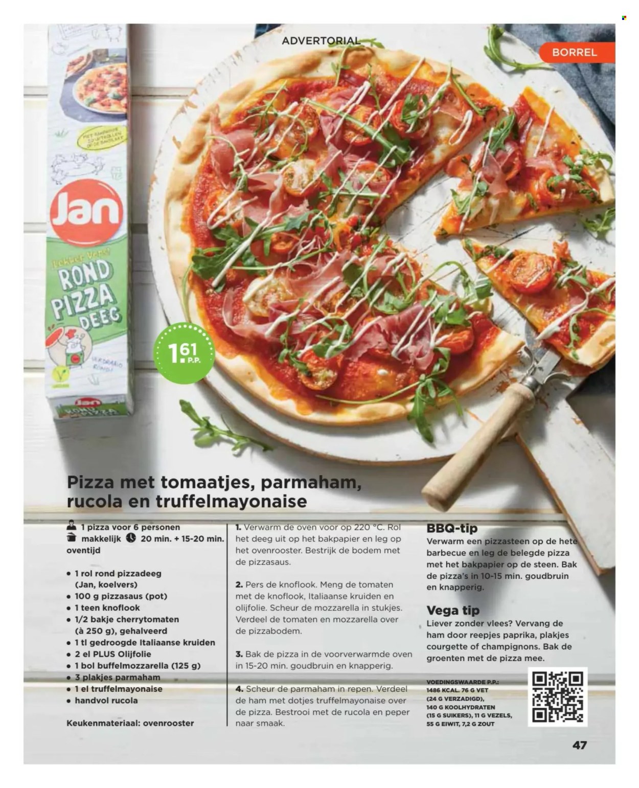 thumbnail - Plus-aanbieding -  producten in de aanbieding - champignons, pizzabodem, tomaten, courgette, paprika, pizza, ham, prosciutto di parma, buffelmozzarella, mayonaise, truffelmayonaise, pizzadeeg, pizzasaus, italiaanse kruiden, kruiden, BBQ, olijfolie. Pagina 47.