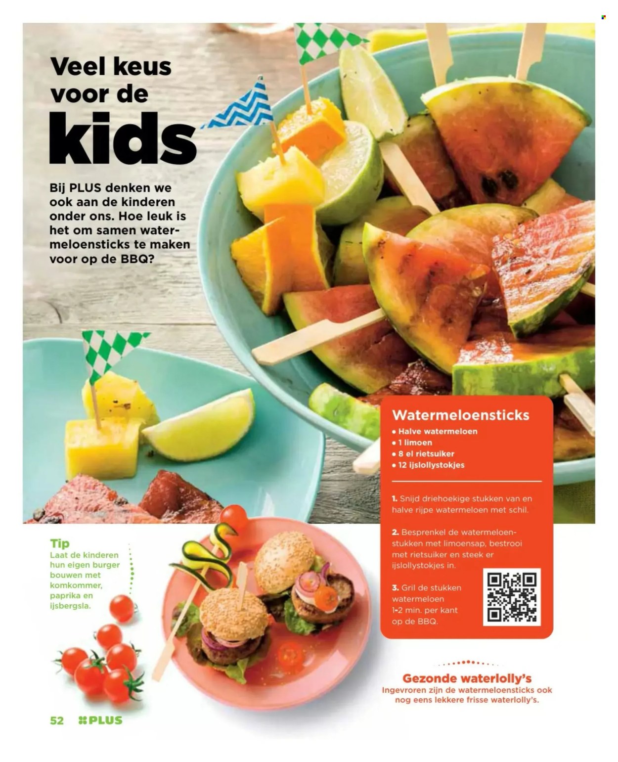 thumbnail - Plus-aanbieding -  producten in de aanbieding - ijsbergsla, komkommer, watermeloen, paprika, limoen, bruine basterdsuiker. Pagina 52.