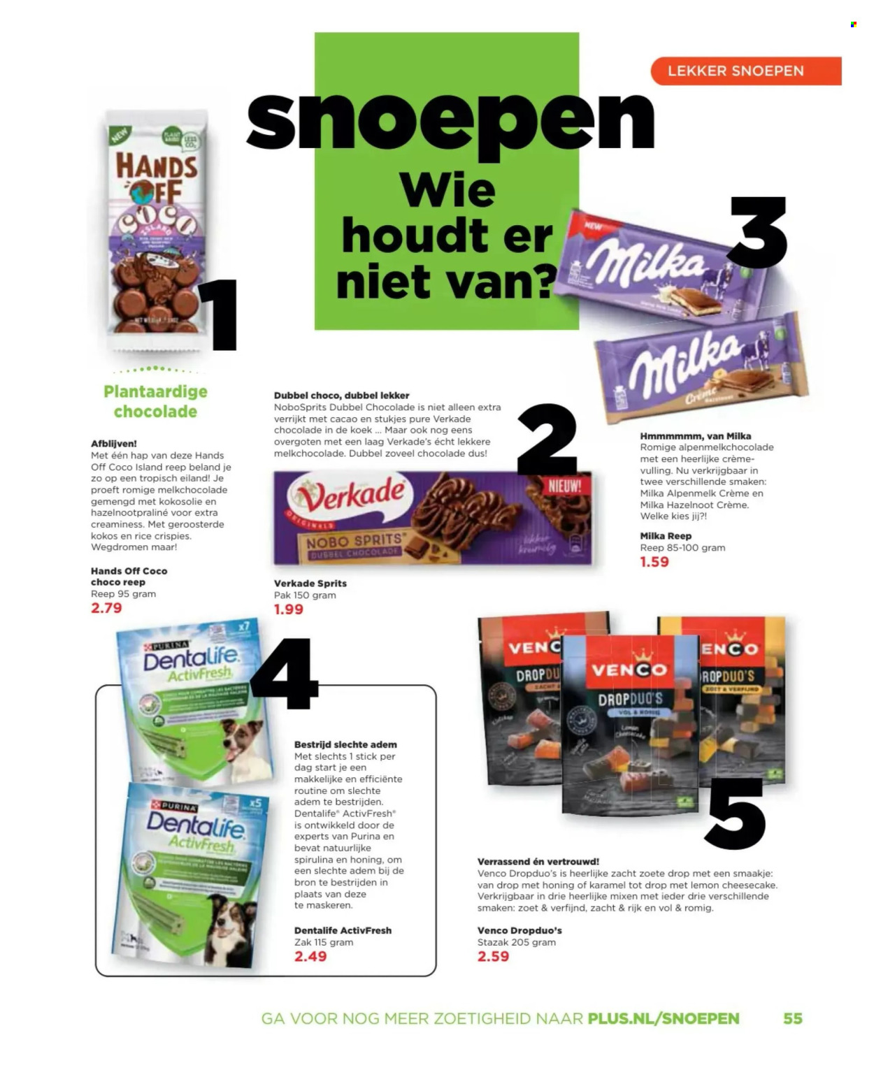thumbnail - Plus-aanbieding -  producten in de aanbieding - Milka, chocolade, melkchocolade, kokosolie, hazelnoot crème, honing, Purina. Pagina 55.