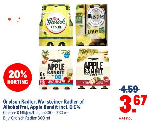 Grolsch Radler, Warsteiner Radler of Apple Bandit incl. 0.0%