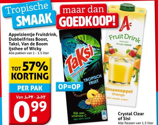 Appelsientje Fruitdrink, Dubbelfrisss Boost, Taksi, Van de Boom ijsthee of Wicky