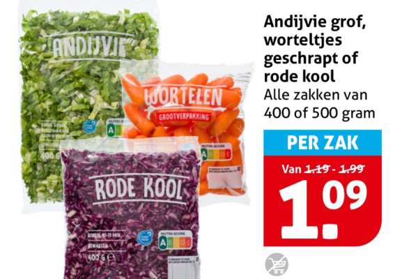 Andijvie grof, worteltjes geschrapt of rode kool