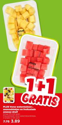 PLUS Verse watermeloen-, ananasblokjes en fruitsalade ananas-druif