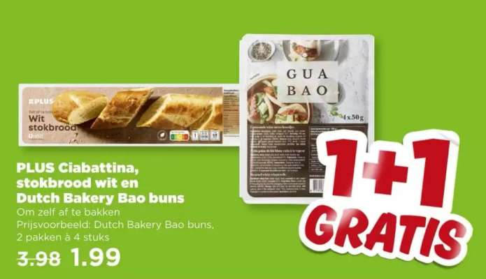PLUS Ciabattina, stokbrood wit en Dutch Bakery Bao buns