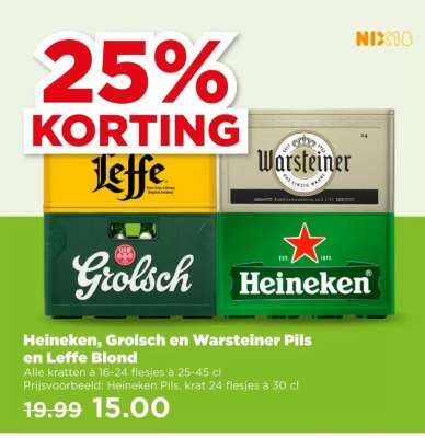 Heineken, Grolsch en Warsteiner Pils en Leffe Blond