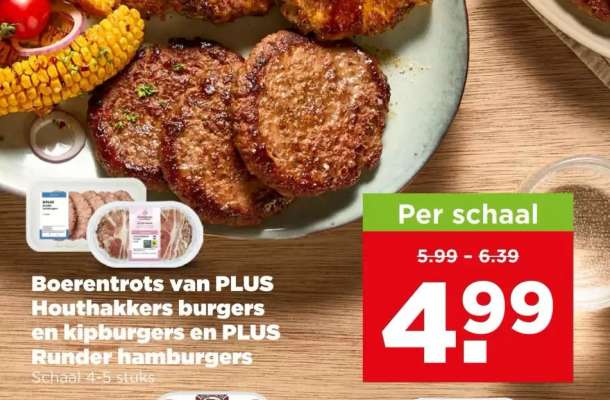 Boerentrots van PLUS Houthakkers burgers en kipburgers en PLUS Runder hamburgers