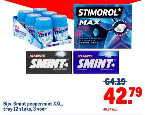 Smint peppermint XXL, tray 12 stuks, 3 voor